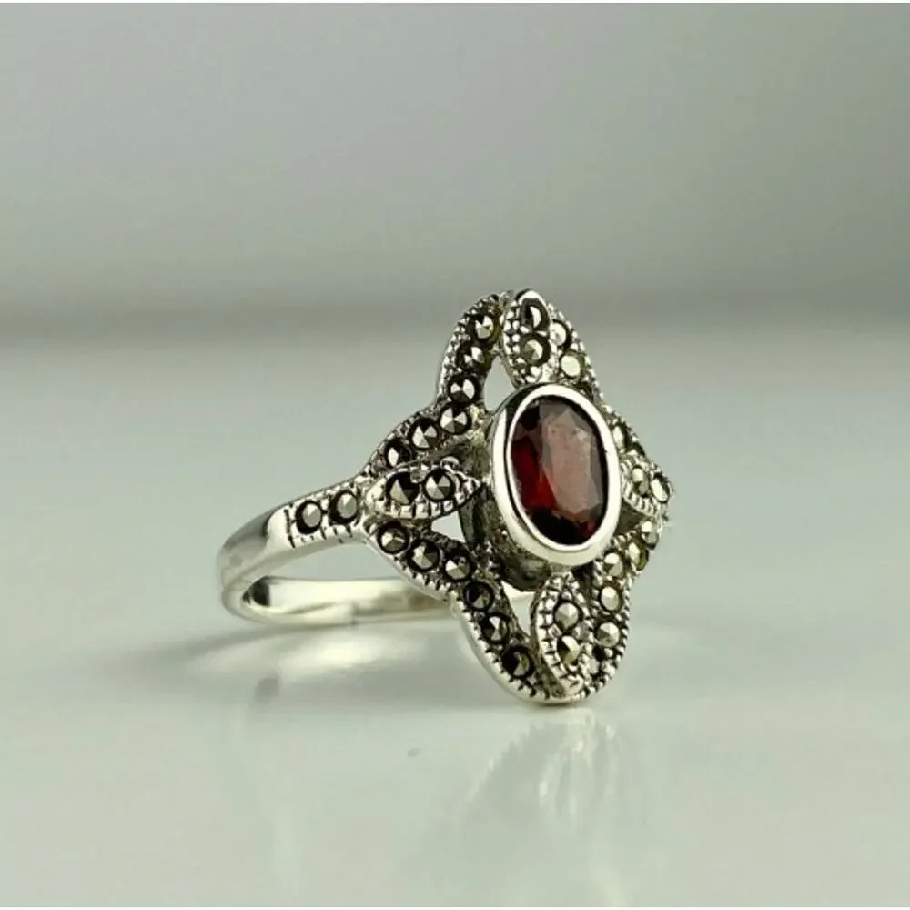 925 Sterling Silver Almandine & Marcasites Ring Size 7